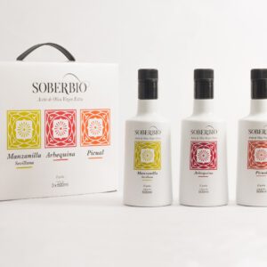 Estuche AOVE Soberbio Monovarietal Manzanilla, Arbequina y Picual 3 x 500 ml.
